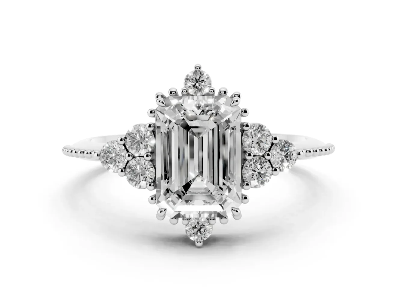 Emerald Cut Vintage Cluster Engagement Ring Setting | Beaded Edges | White Gold
