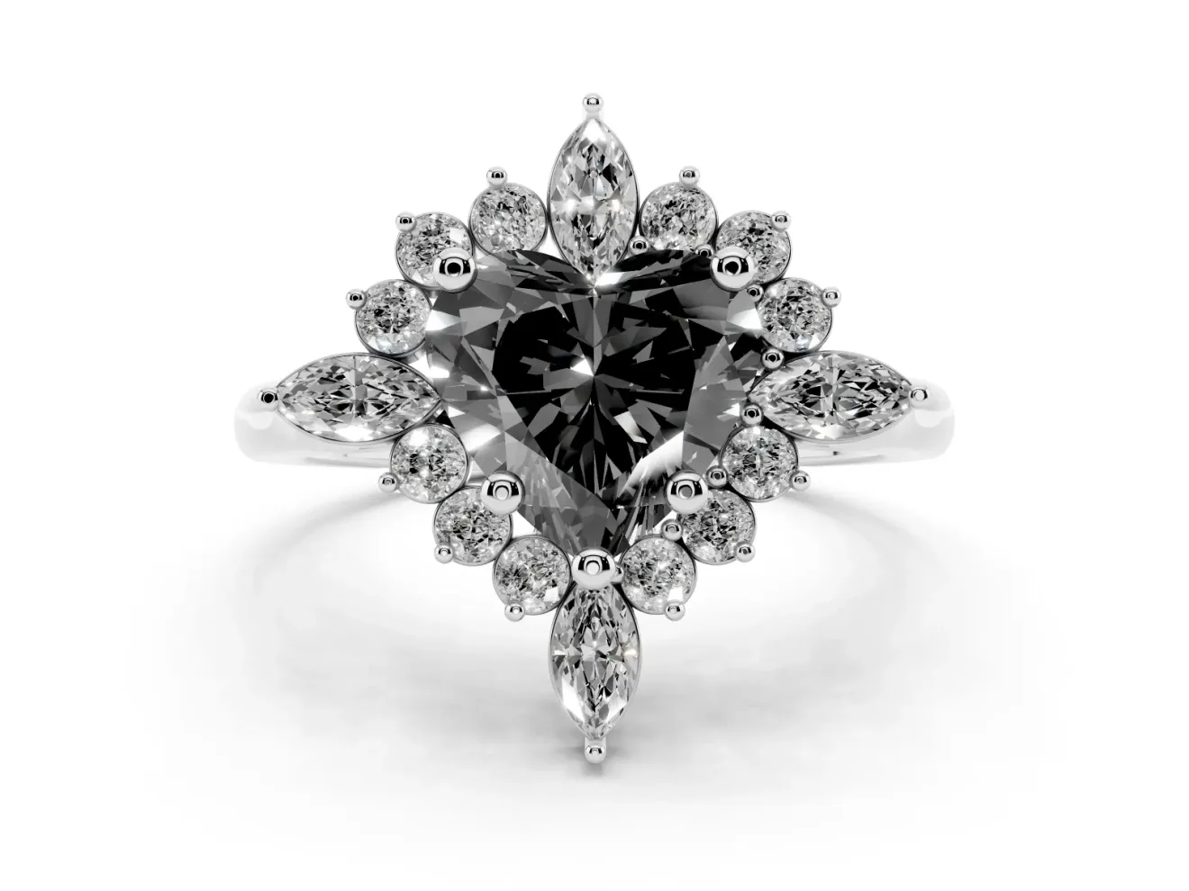 Fancy Black Heart Cut Diamond Cluster Halo Ring Set in Platinum with Marquise and Round Accents
