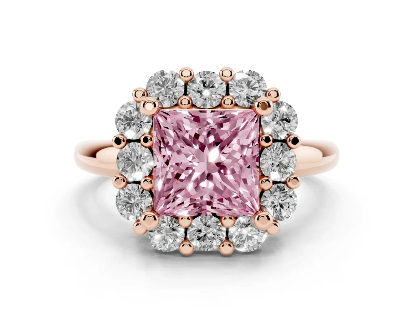 Princess Cut Cluster Halo Engagement Ring Setting for a Fancy Pink Lab-Grown Diamond | Large Round Accents | Rose Gold