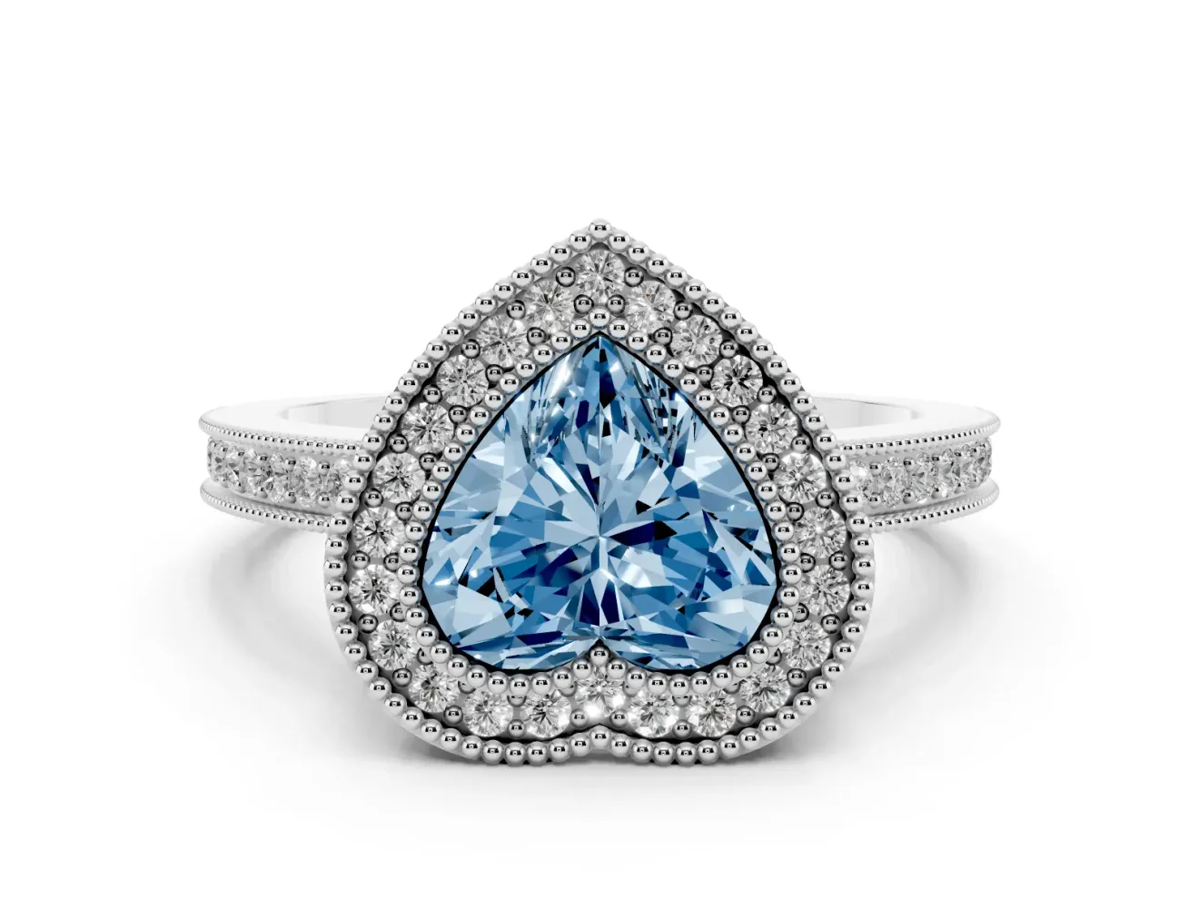 Fancy Blue Heart Cut Diamond Halo Ring Set in Platinum with Pavé Band and Milgrain-Edged Prongs