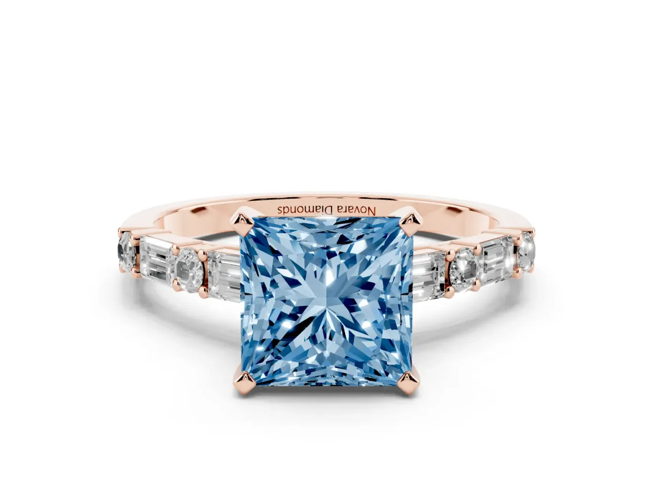 Fancy Blue Princess Cut Diamond Solitaire Set in Rose gold with Side Baguettes and Channel Set Band