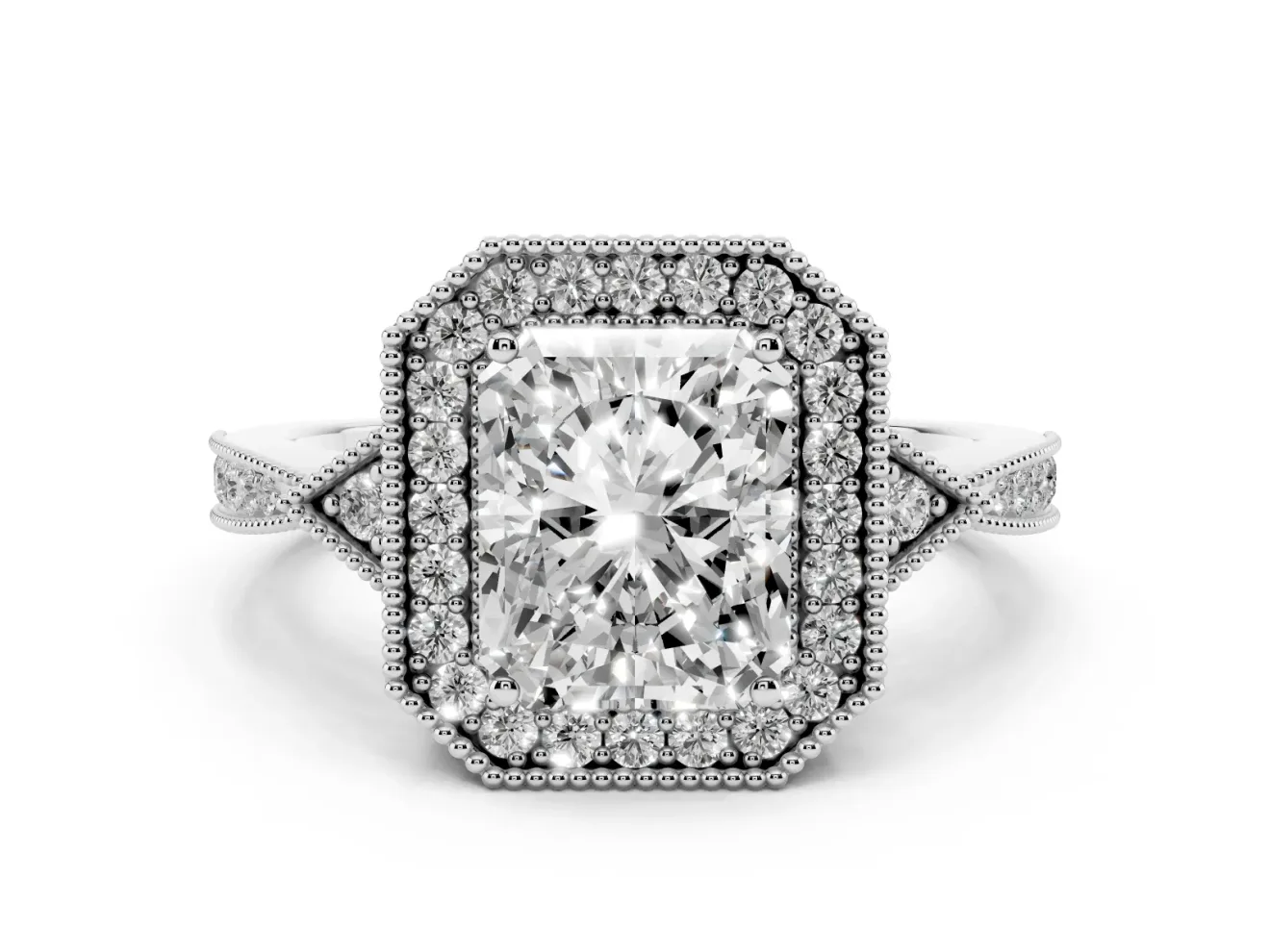 Radiant Cut Diamond Halo Engagement Ring Set in Silver with Milgrain Pavé Band