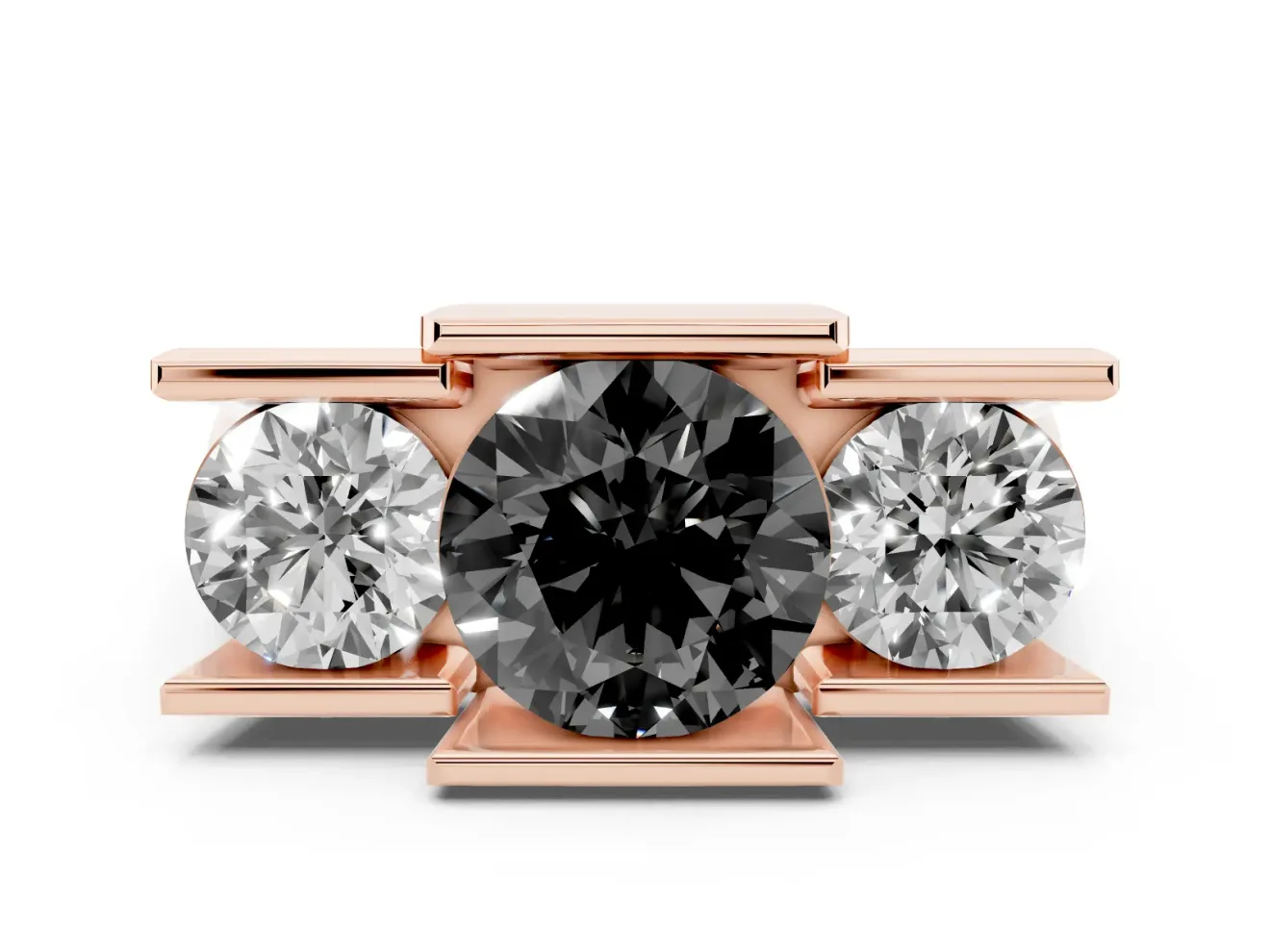 Round Channel-Set Three Stone Engagement Ring Setting for a Black Center | Rose Gold