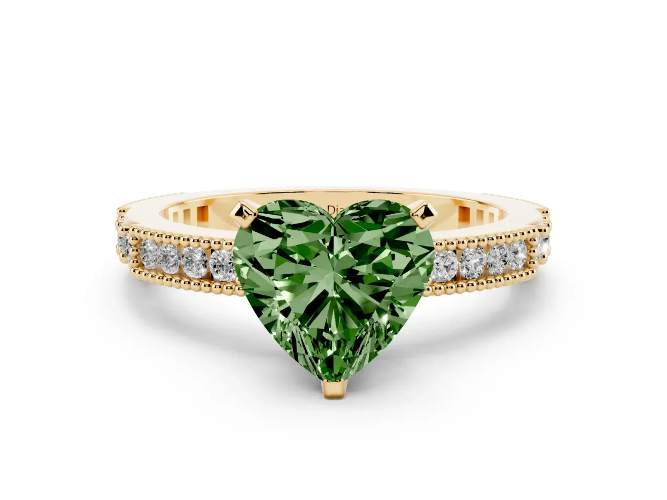 Heart-Shaped Vintage Pavé Engagement Ring Setting for a Fancy Green Lab-Grown Diamond | Yellow Gold