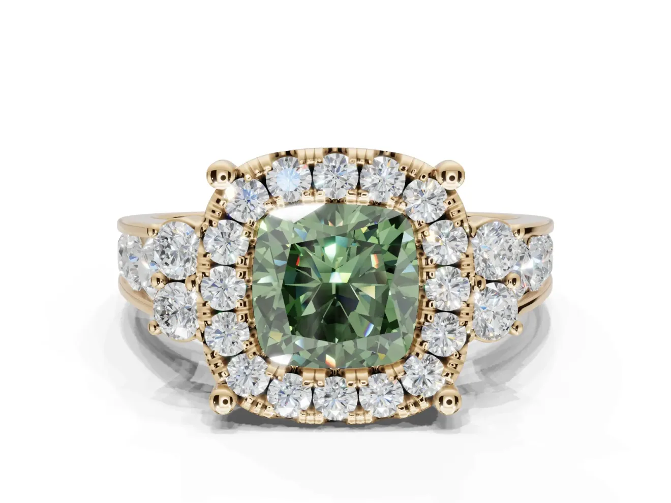 Cushion Cut Halo Engagement Ring Setting for a Fancy Green Lab-Grown Diamond | Graduated Channel Band | Yellow Gold