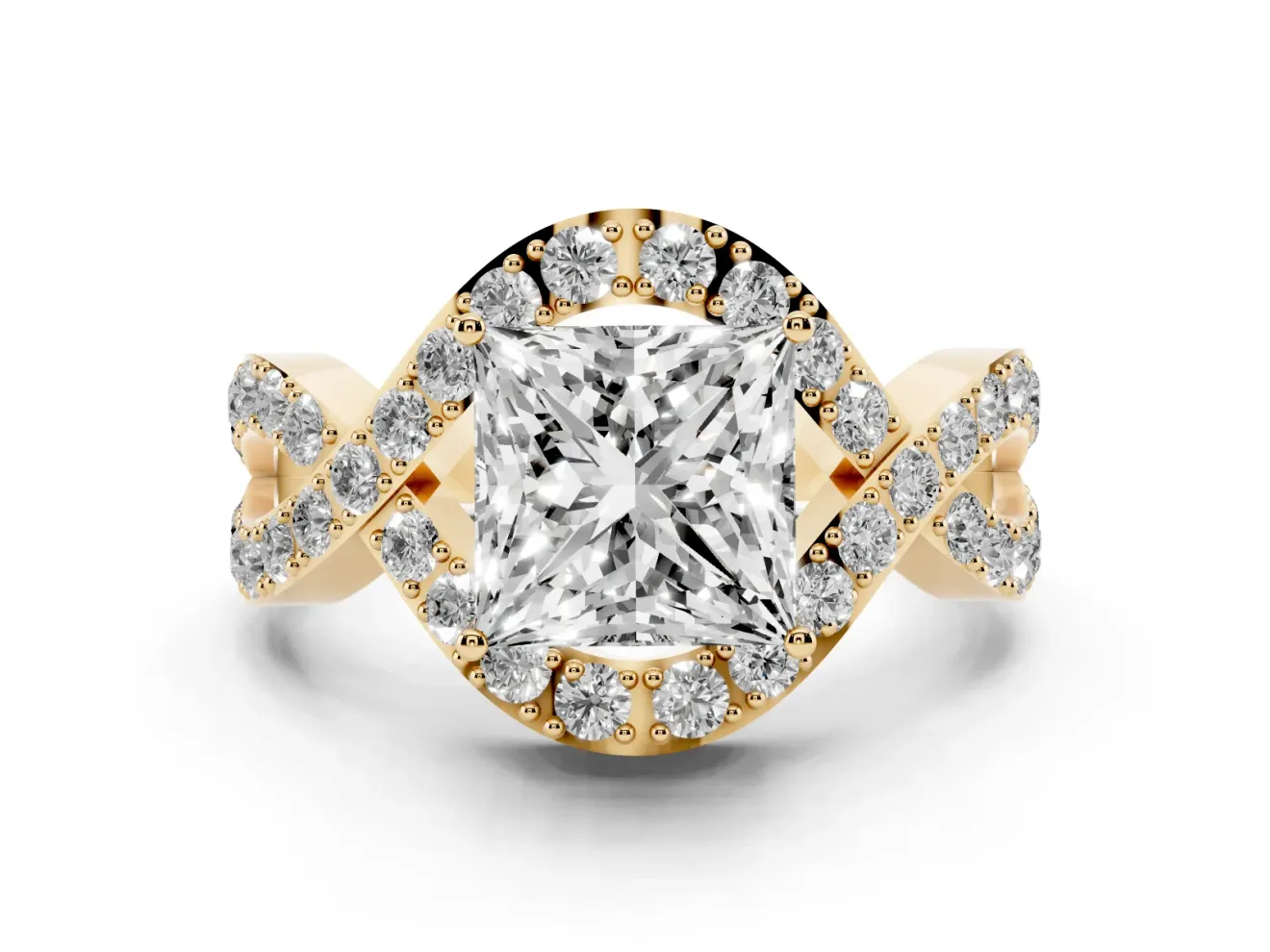 Princess Cut Infinity Twist Pavé Engagement Ring Setting | Crossover Ribbons | Yellow Gold