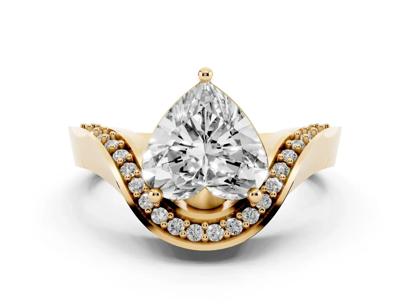 Heart-Shaped Bypass Solitaire Engagement Ring Setting | Pavé Ribbon | Yellow Gold