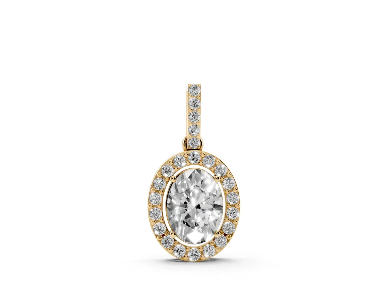 Oval Lab-Grown Diamond Halo Pendant Necklace | Pavé Bail | Yellow Gold