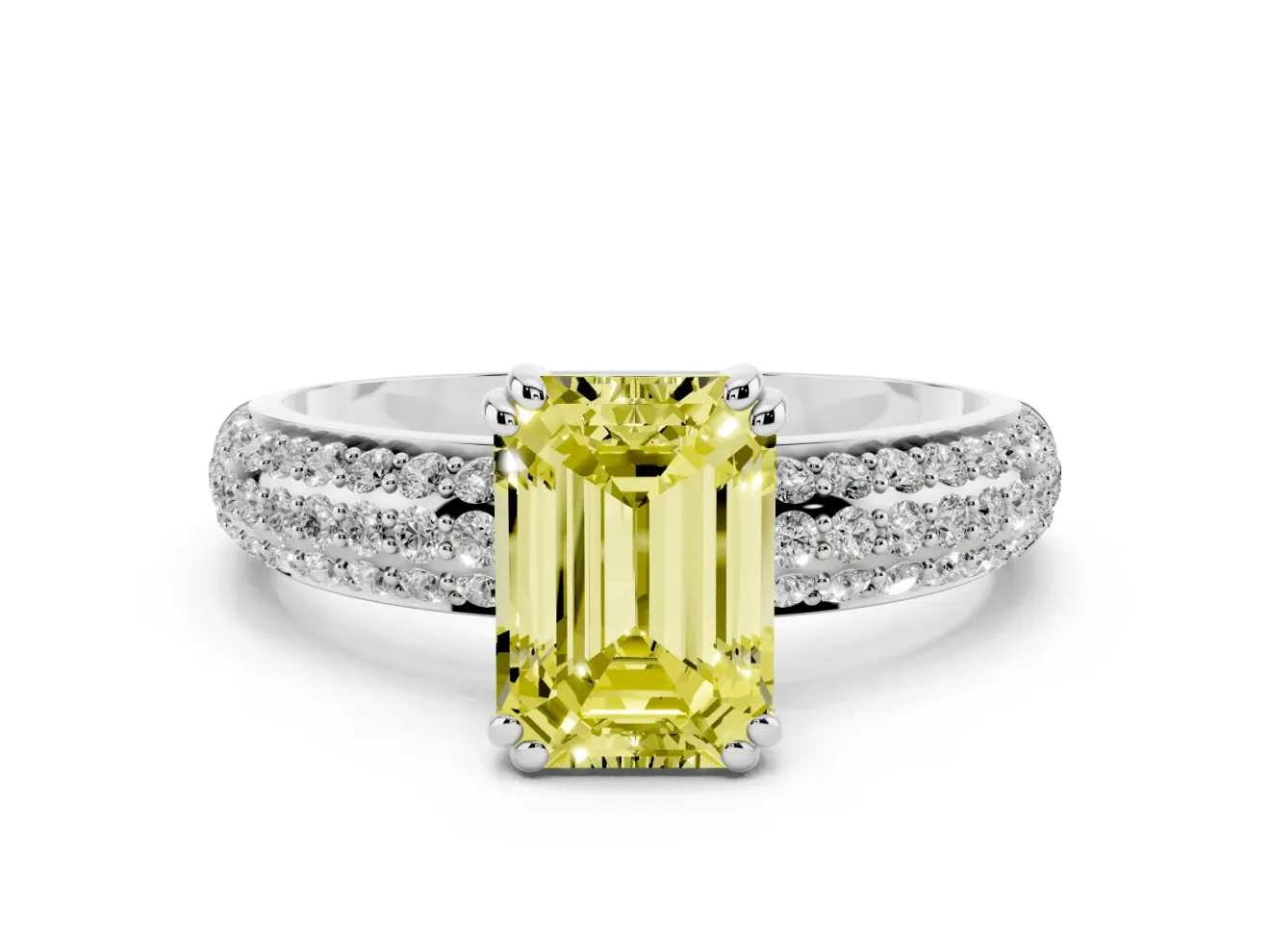 Emerald Cut Three Row Pave Engagement Ring Setting for a Fancy Yellow Lab-Grown Diamond | Platinum