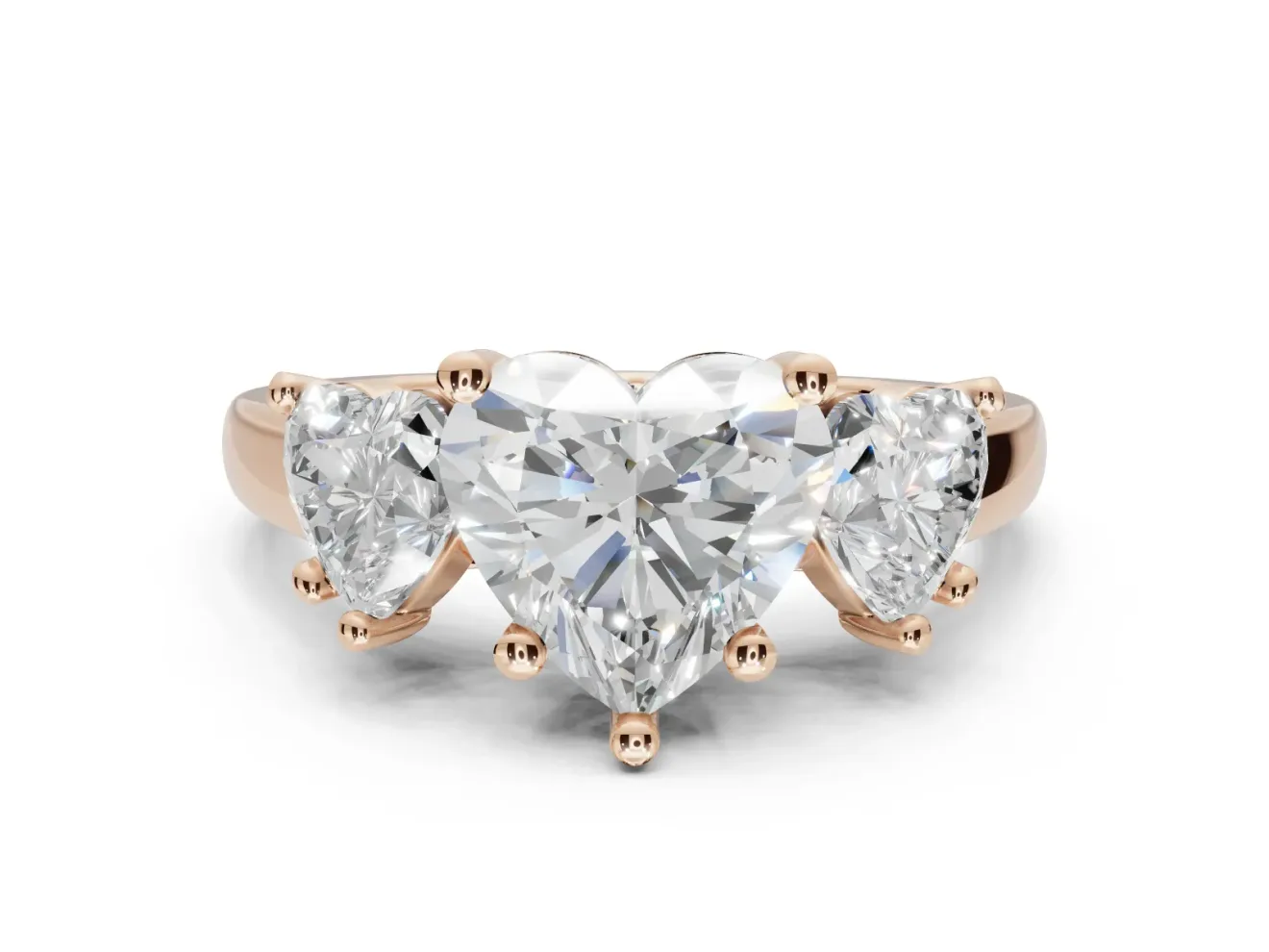 Heart-Shaped Three Stone Engagement Ring Setting | Wide Tapered Shoulders | Rose Gold
