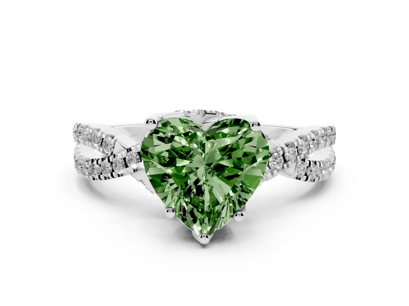 Fancy Green Heart Cut Diamond Twist Pavé Solitaire Engagement Ring Set in Platinum with Prong Setting