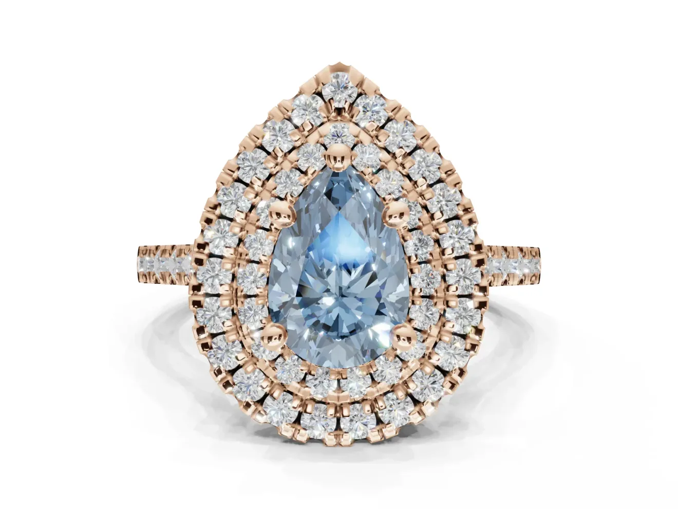 Fancy Blue Pear-Shaped Lab-Grown Diamond Double Halo Statement Ring Set in Rose Gold with Pavé Band
