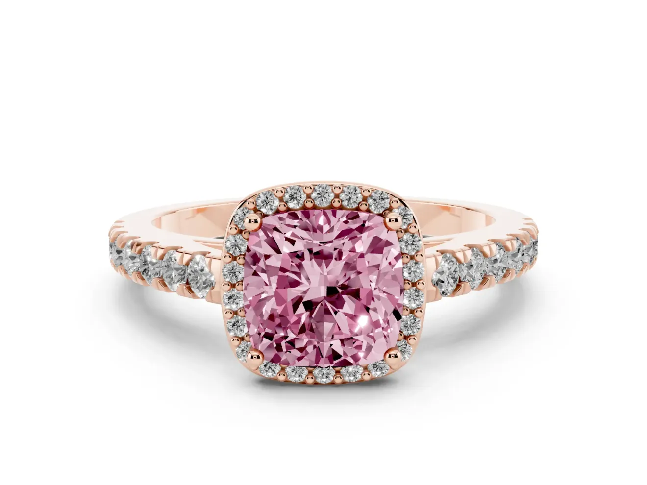 Cushion Cut Halo Pavé Engagement Ring Setting for a Fancy Pink Lab-Grown Diamond | Rose Gold