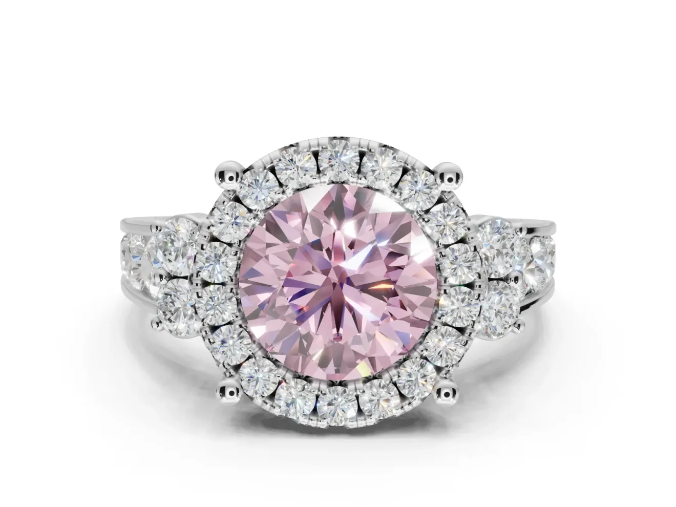 Round Halo Engagement Ring Setting for a Fancy Pink Lab-Grown Diamond | Side Clusters | Platinum