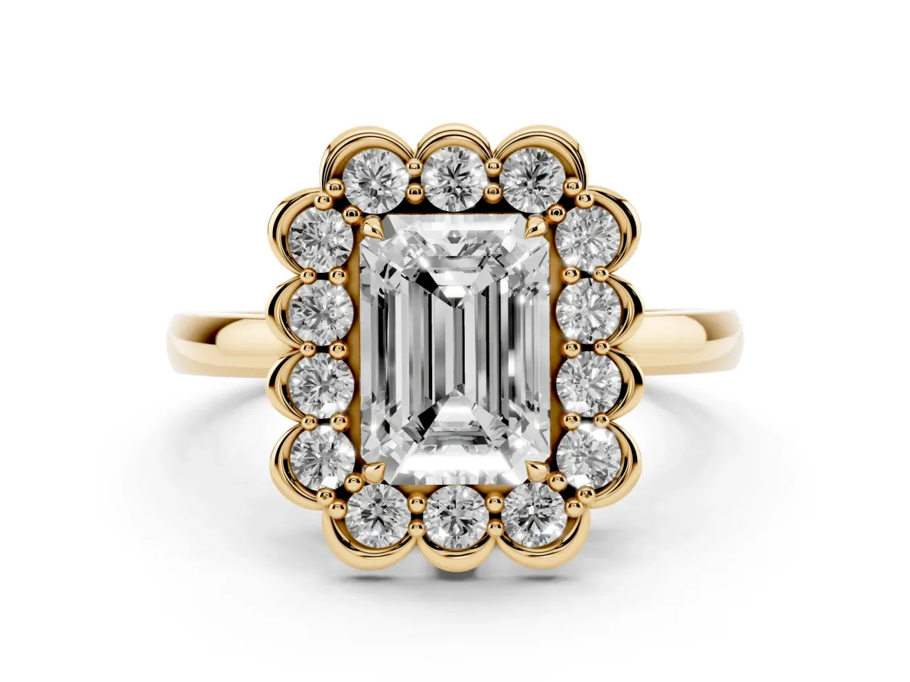 Emerald Cut Scalloped Cluster Halo Engagement Ring Setting | Plain Band | Yellow Gold