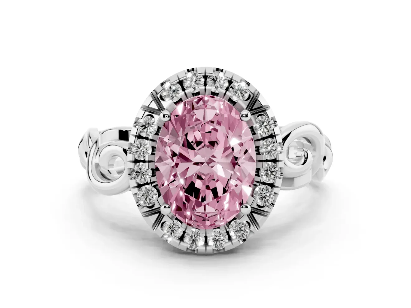 Fancy Pink Oval Cut Diamond Halo Ring Set in White gold with Scrollwork Band and Prong Setting