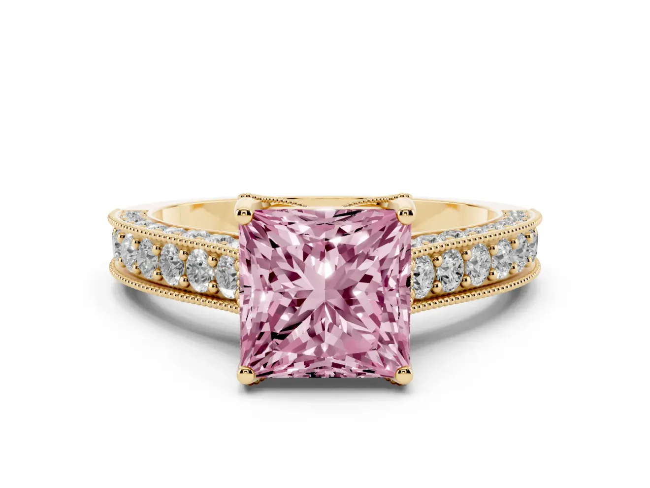 Princess Cut Hidden Halo Engagement Ring Setting for a Fancy Pink Lab-Grown Diamond | Milgrain Pave | Yellow Gold