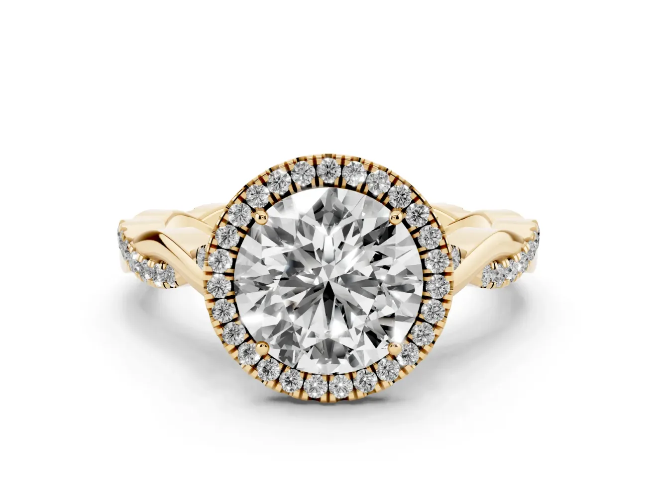Round Halo Engagement Ring Setting | Pavé Twist Band | Yellow Gold