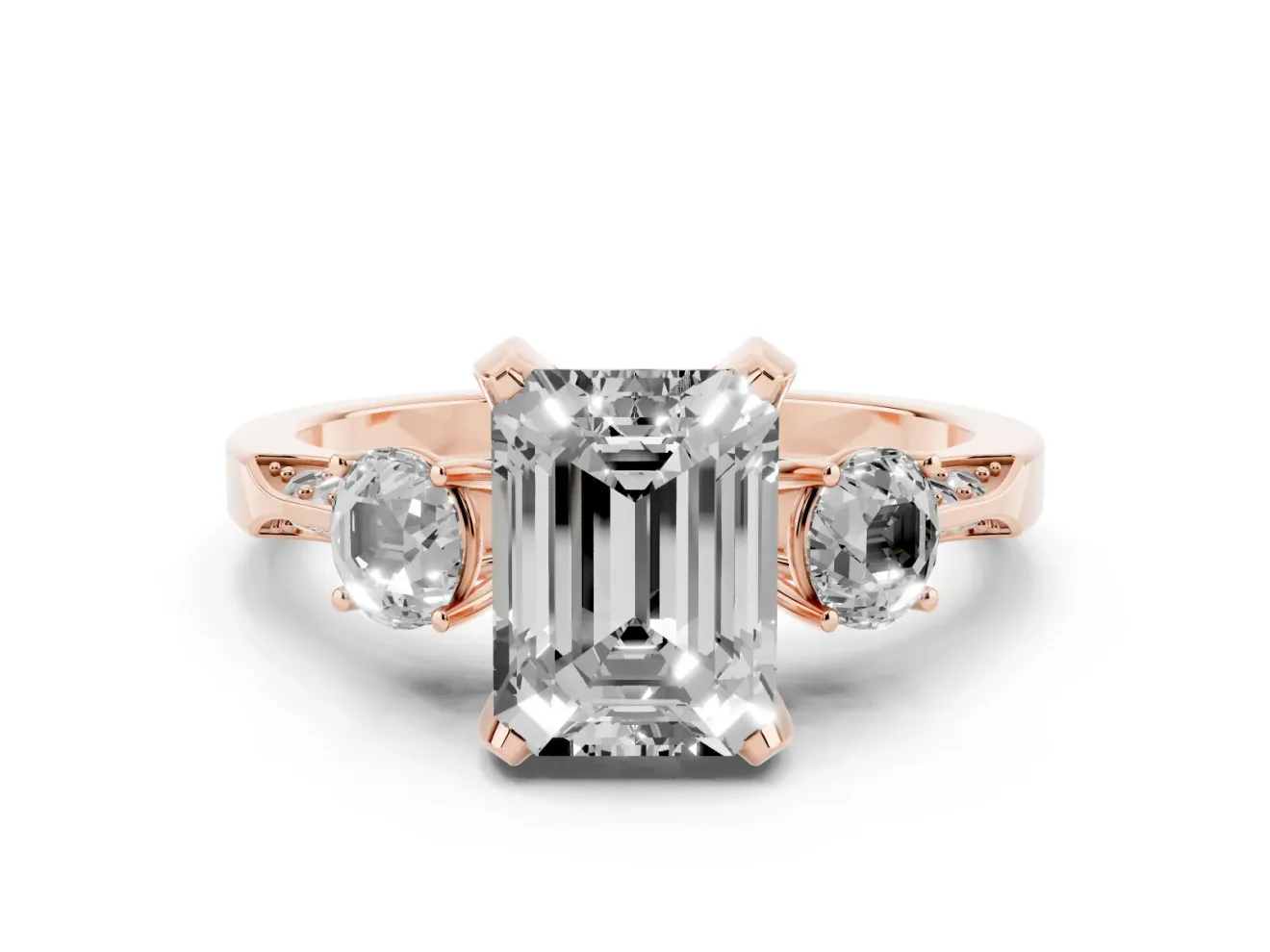 Emerald Cut Hidden Halo Three Stone Engagement Ring Setting | Pave Gallery | Rose Gold