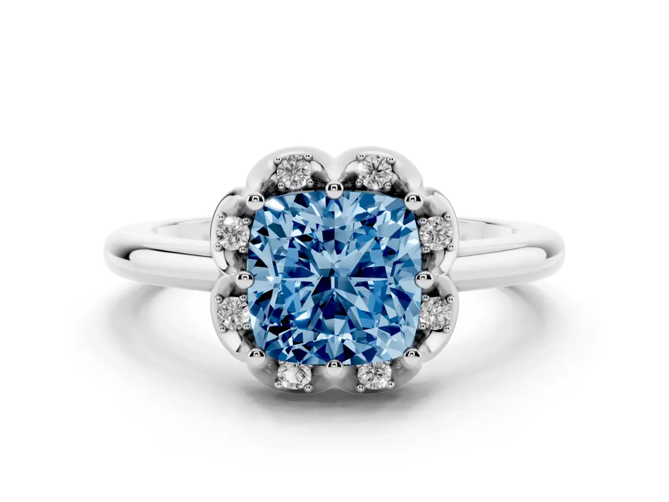 Cushion Cut Petal Halo Engagement Ring Setting for a Fancy Blue Lab-Grown Diamond | Sterling Silver