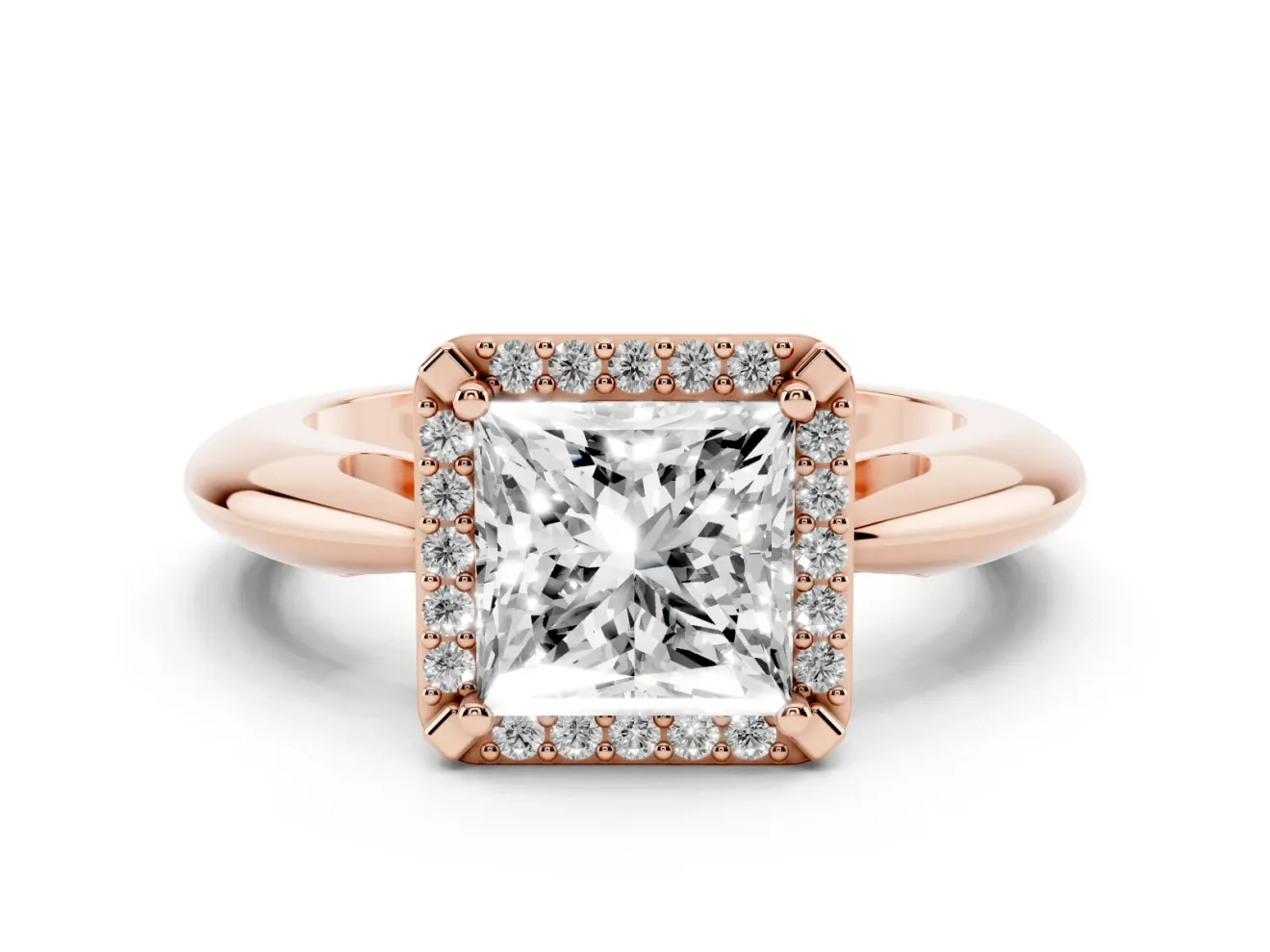 Princess Cut Diamond Halo Engagement Ring Set in Rose gold with Plain Split Shank and Prong Setting