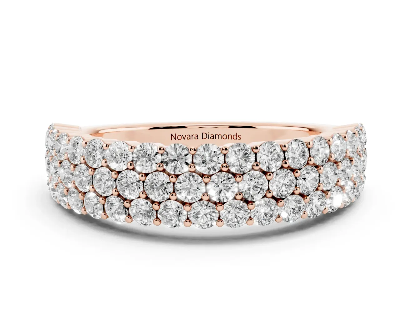 Round Lab-Grown Diamond Three Row Pave Promise Ring | Shared Prongs | Rose Gold