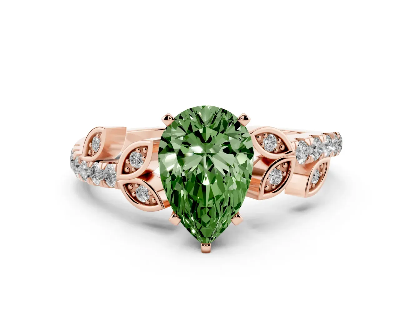 Pear-Shaped Leaf Pavé Engagement Ring Setting for a Fancy Green Lab-Grown Diamond | Rose Gold