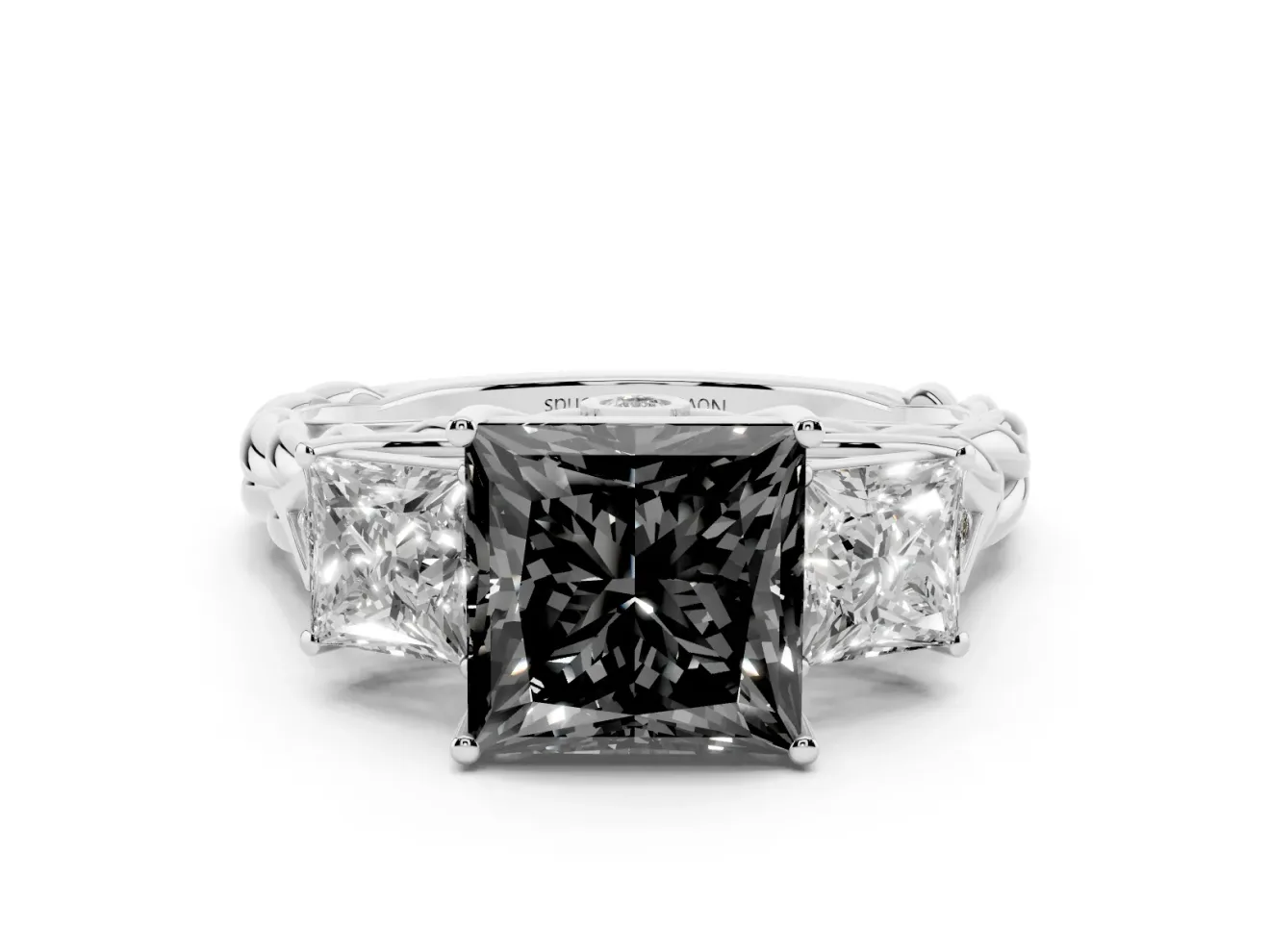 Princess Cut Three Stone Engagement Ring Setting for a Black Center | Braided Band | White Gold
