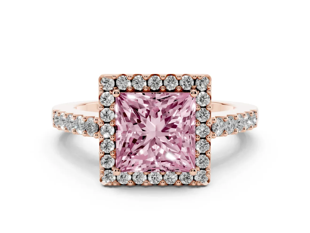 Princess Cut Halo Engagement Ring Setting for a Fancy Pink Lab-Grown Diamond | Single Row Pavé Band | Rose Gold