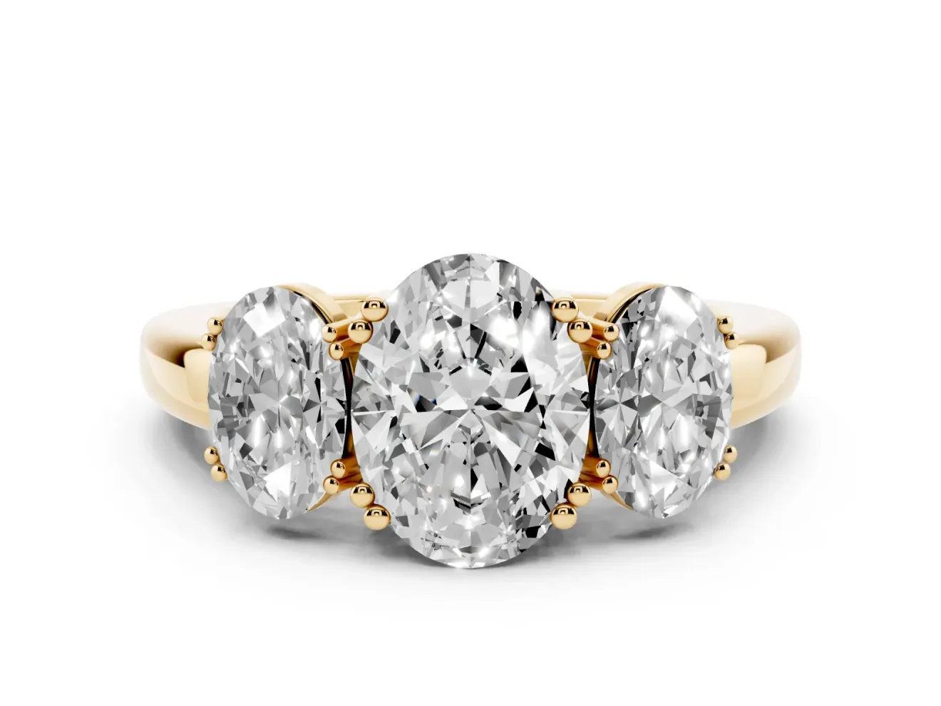Oval Three Stone Engagement Ring Setting | Double Claw Head | Yellow Gold