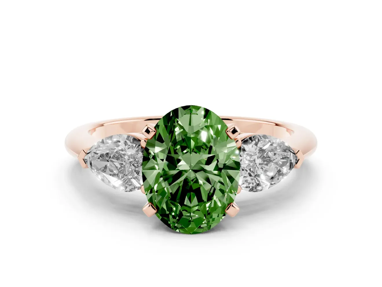 Fancy Green Three-Stone Oval Cut Diamond Ring Set in Rose gold with Pear Side Stones and Prong Setting