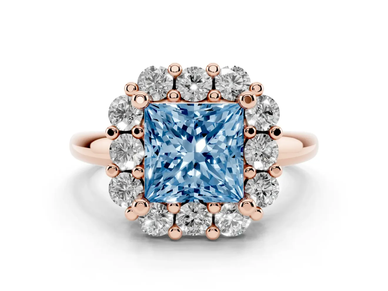 Princess Cut Cluster Halo Engagement Ring Setting for a Fancy Blue Lab-Grown Diamond | Large Round Accents | Rose Gold