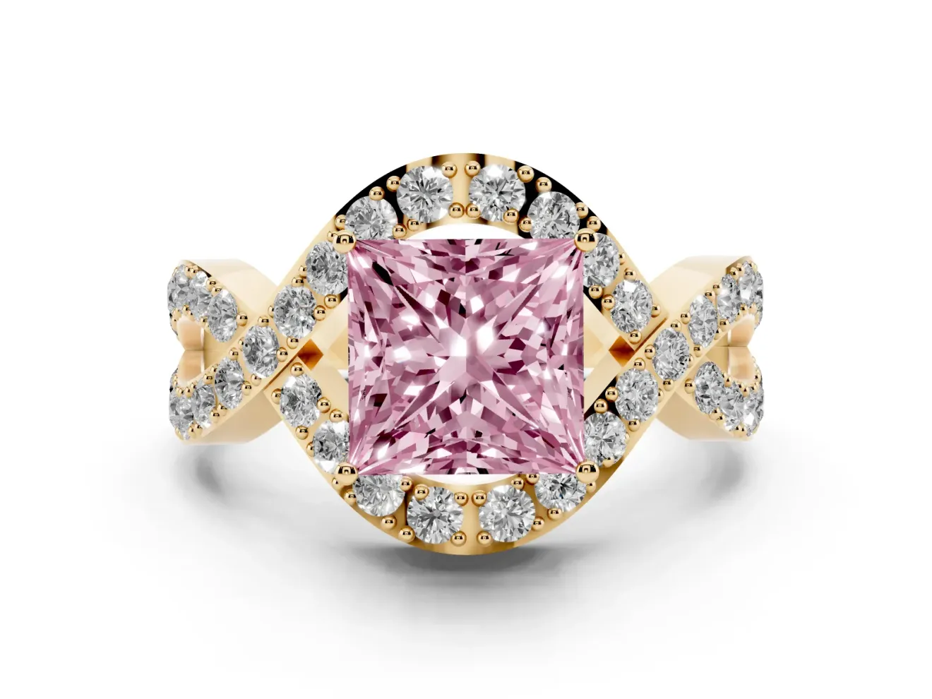 Fancy Pink Princess Cut Diamond Solitaire Twist Band Pavé Engagement Ring Set in Yellow gold