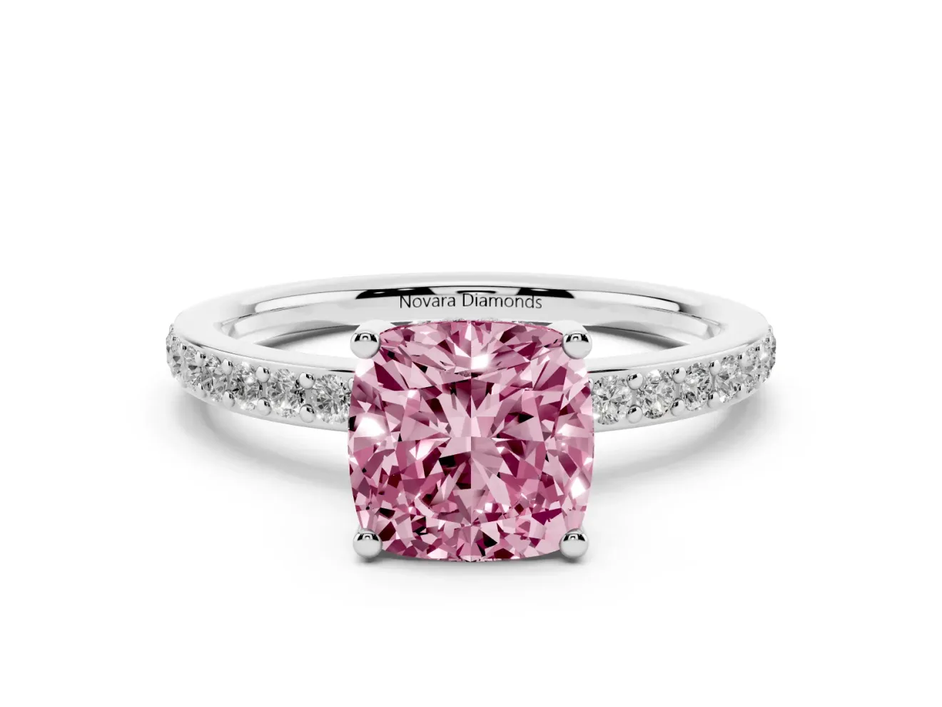 Fancy Pink Cushion Cut Diamond Pavé Band Ring Set in Silver with Prong-Set Center Stone