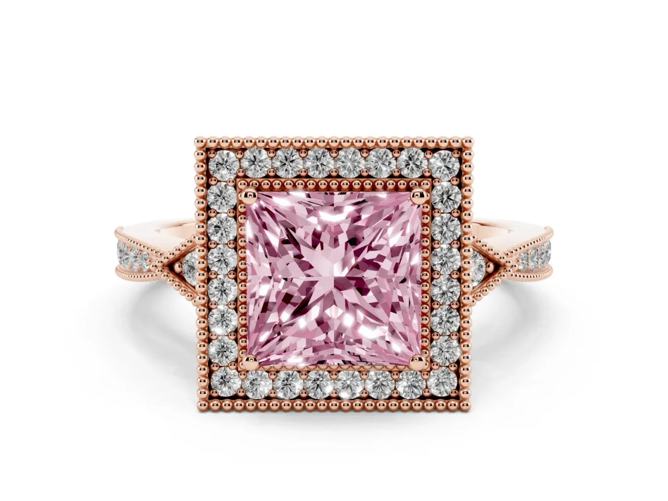 Fancy Pink Princess Cut Diamond Halo Engagement Ring Set in Rose gold with Milgrain Pavé Band