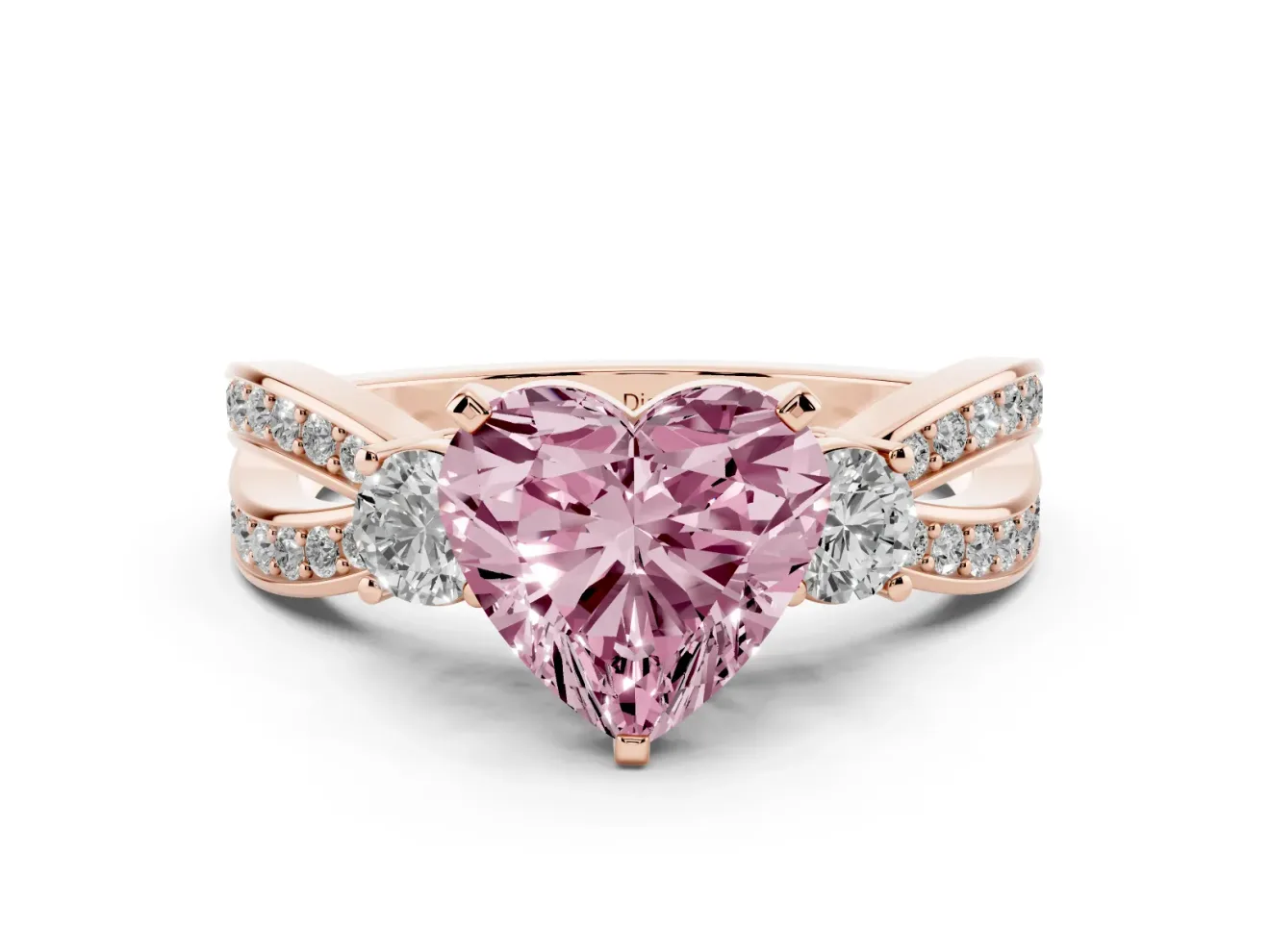 Fancy Pink Three-Stone Heart Cut Diamond Twist Band Ring Set in Rose gold with Pavé Accents and Prong Setting