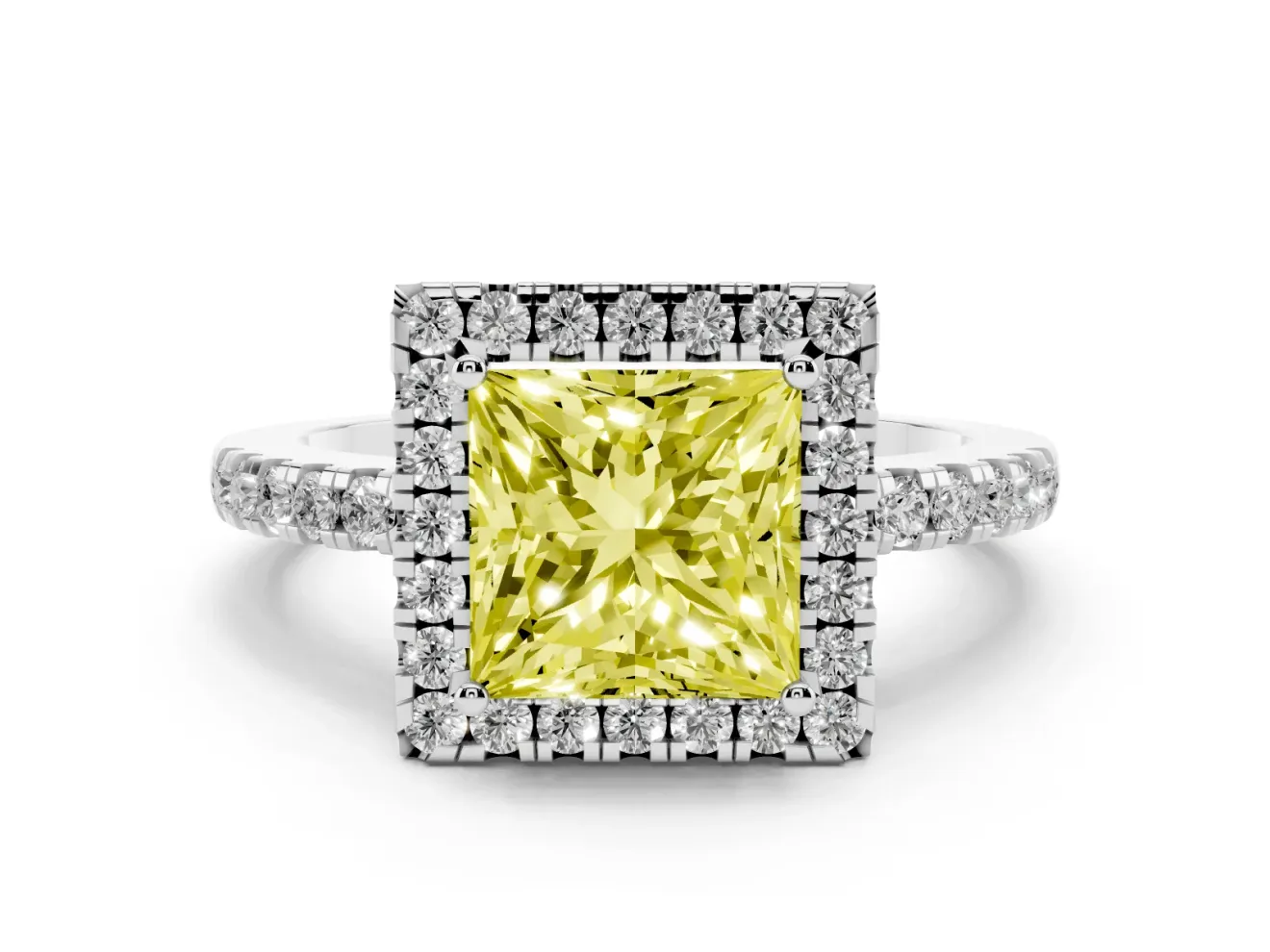 Fancy Yellow Princess Cut Diamond Pavé Band Halo Engagement Ring Set in White gold with Prong Setting