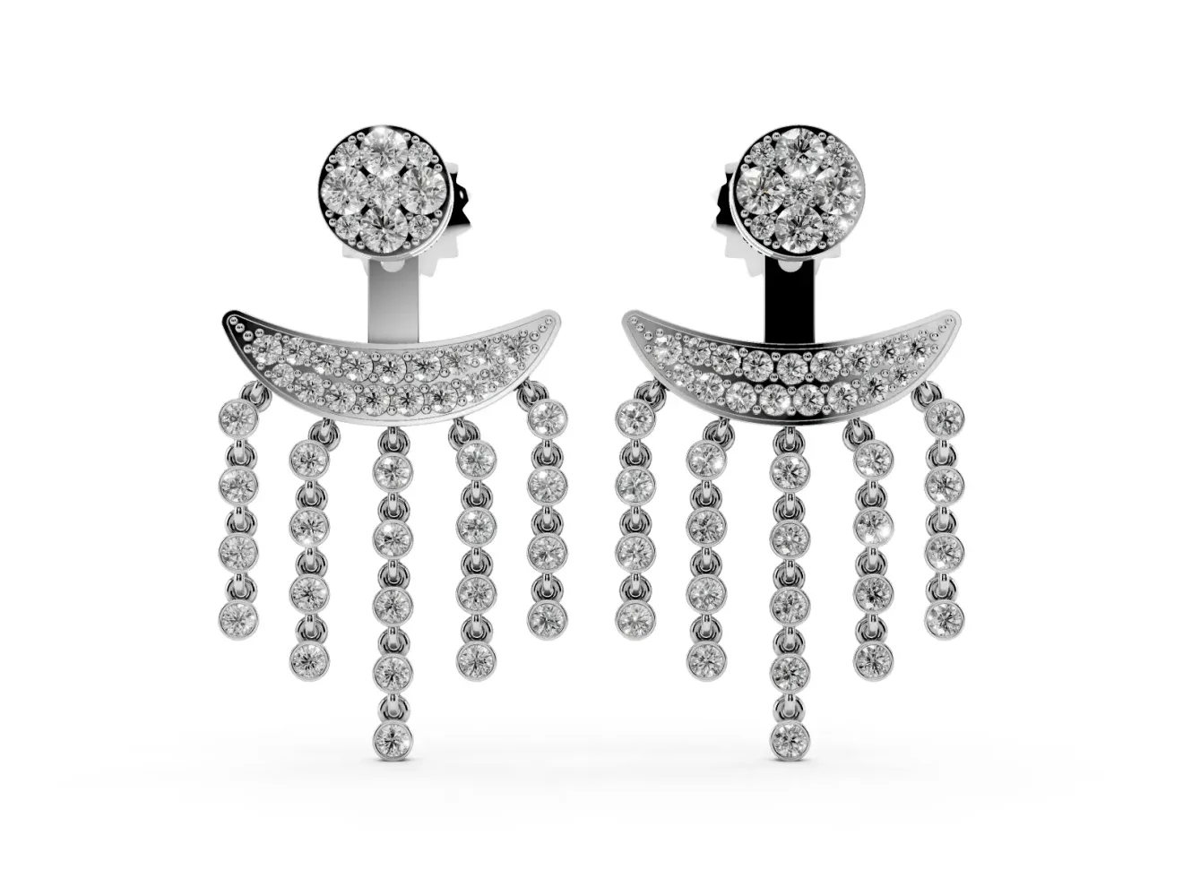 Round Lab-Grown Diamond Cluster Chandelier Drop Earrings | Five Strands | Sterling Silver
