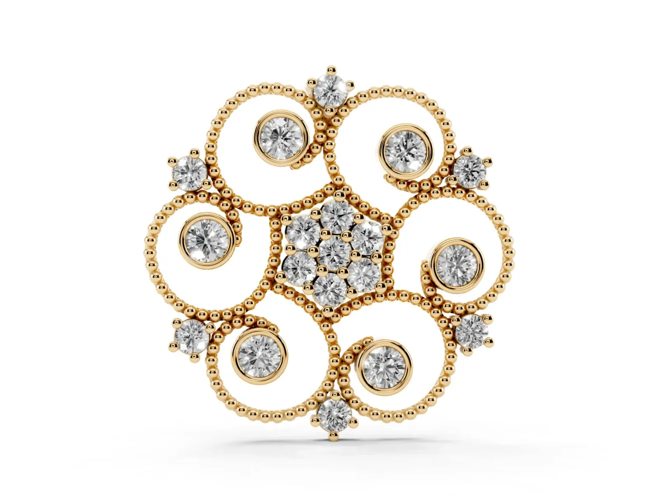 Round Lab-Grown Diamond Milgrain Flower Medallion Pendant Necklace | Bezel Petals | Yellow Gold