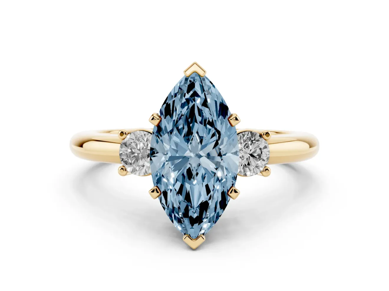 Fancy Blue Three-Stone Marquise Cut Diamond Ring Set in Yellow gold with Prong Setting and Plain Band