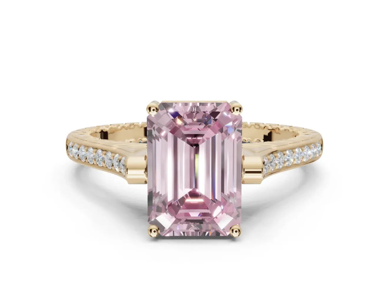 Emerald Cut Vintage Cathedral Engagement Ring Setting for a Fancy Pink Lab-Grown Diamond | Carved Band | Yellow Gold