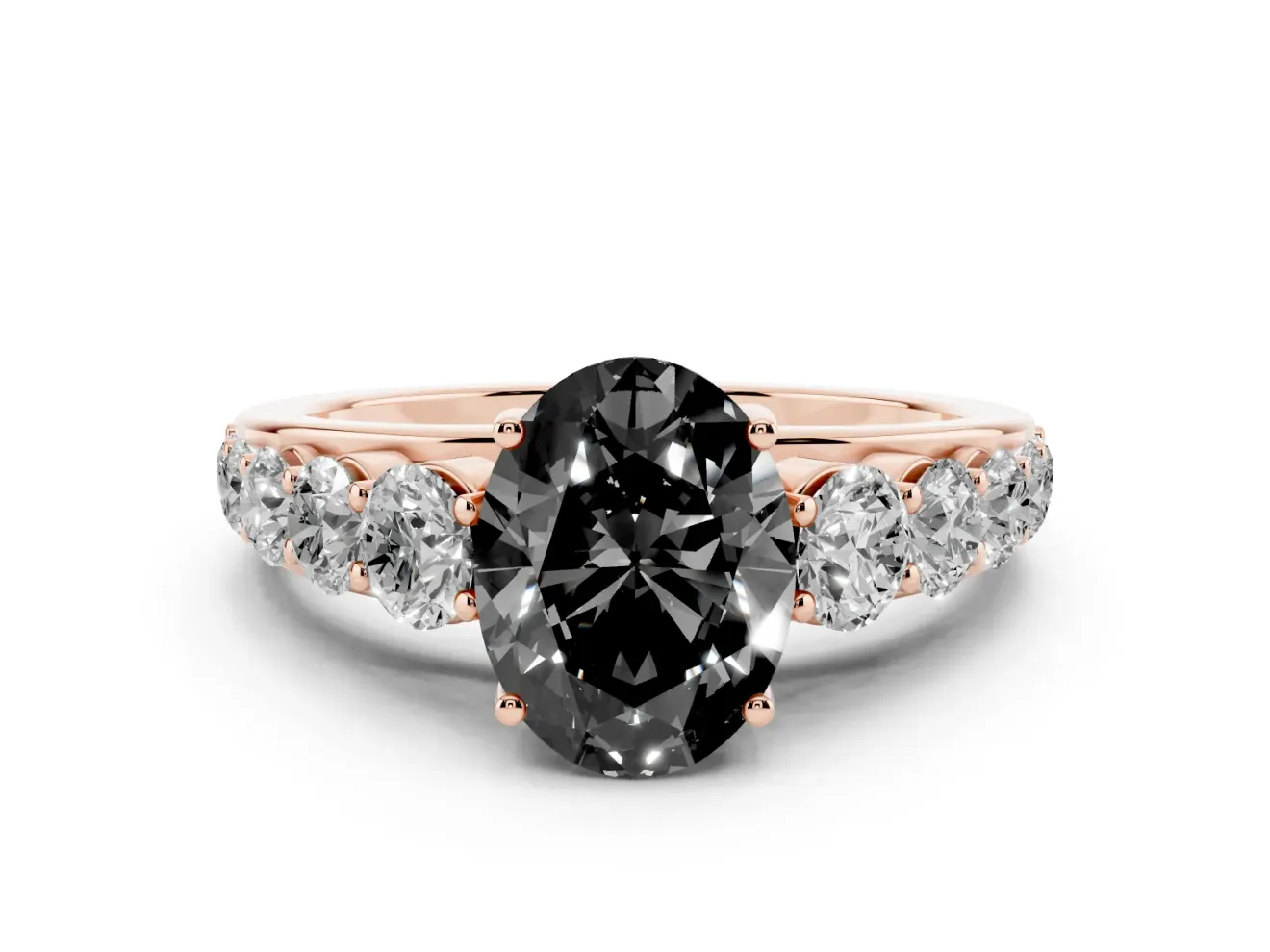 Oval Graduated Side Stone Engagement Ring Setting for a Black Center | Flat Top Band | Rose Gold