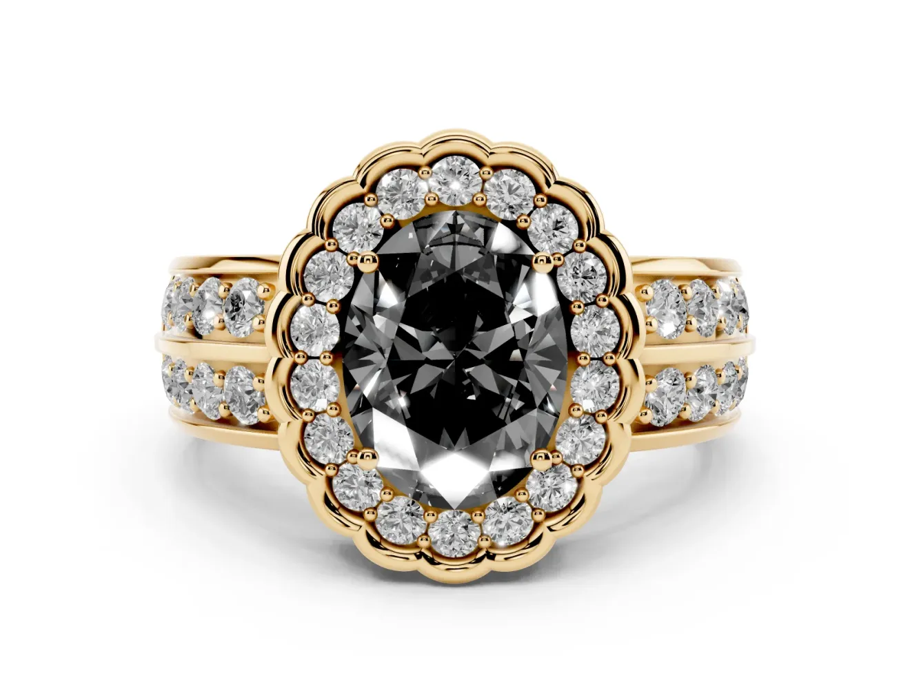 Oval Scalloped Halo Engagement Ring Setting for a Black Center | Double Row Band | Yellow Gold