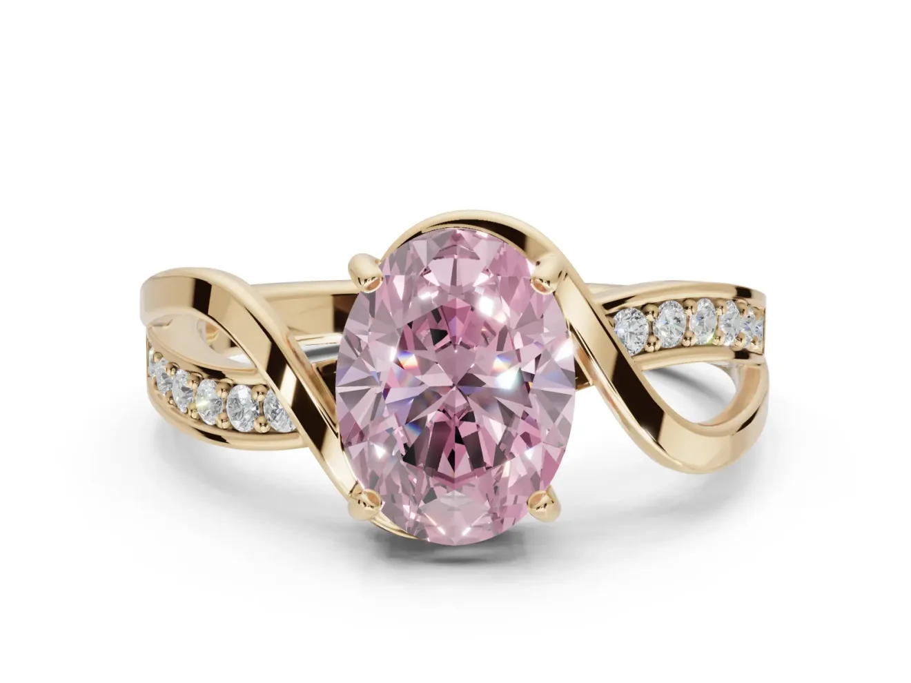 Oval Bypass Solitaire Engagement Ring Setting for a Fancy Pink Lab-Grown Diamond | Pavé and Plain Strands | Yellow Gold