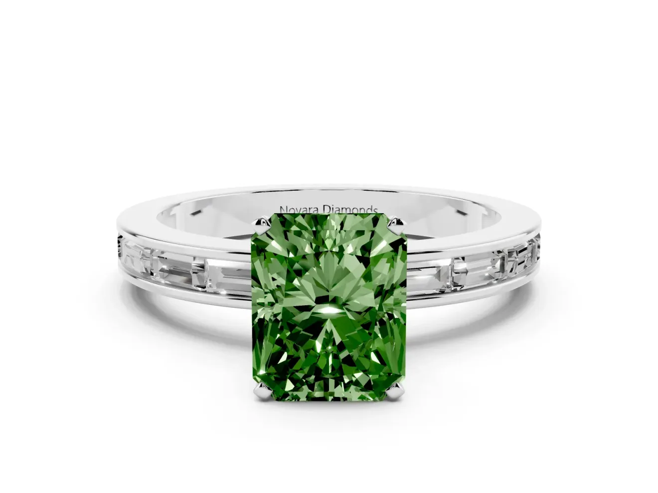 Fancy Green Radiant Cut Diamond Solitaire Ring Set in Silver with Channel-Set Baguette Band and Prong Setting