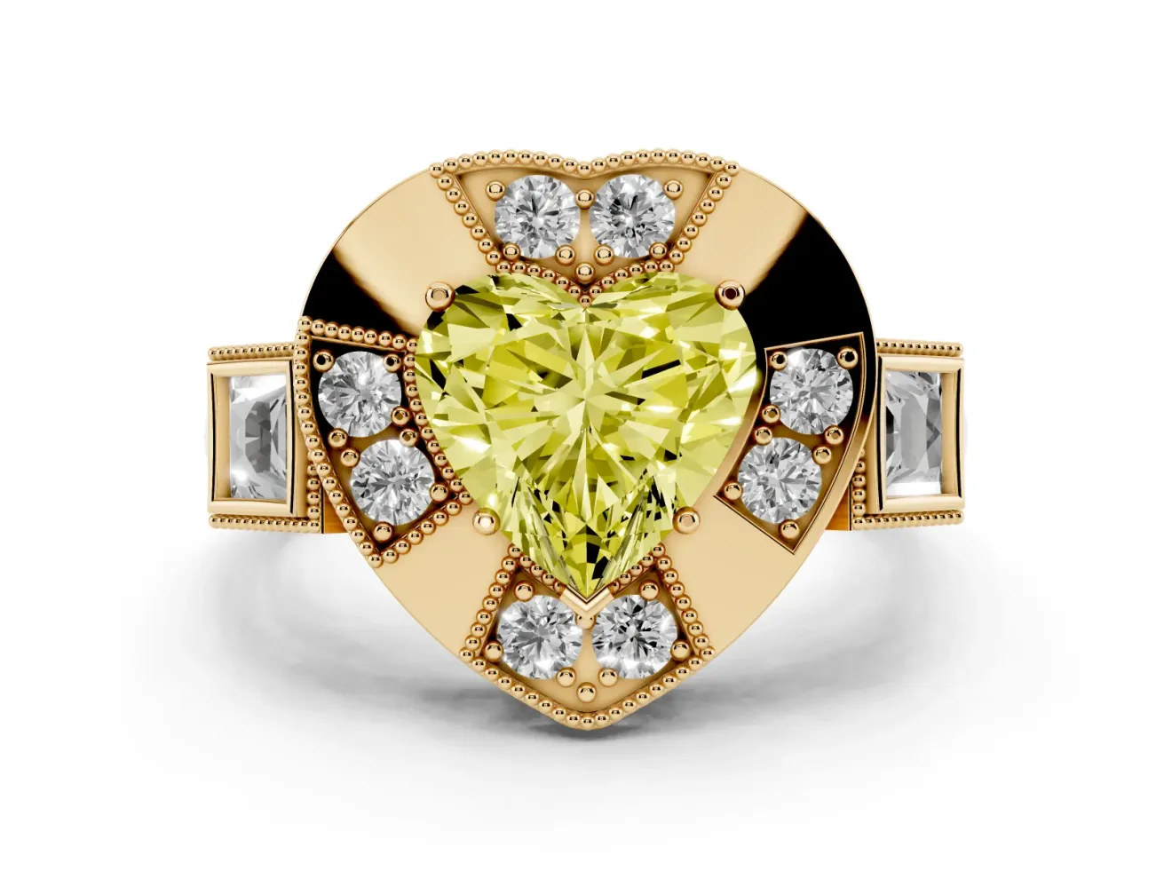 Fancy Yellow Heart Cut Diamond Milgrain Halo Ring Set in Yellow gold with Split Shank