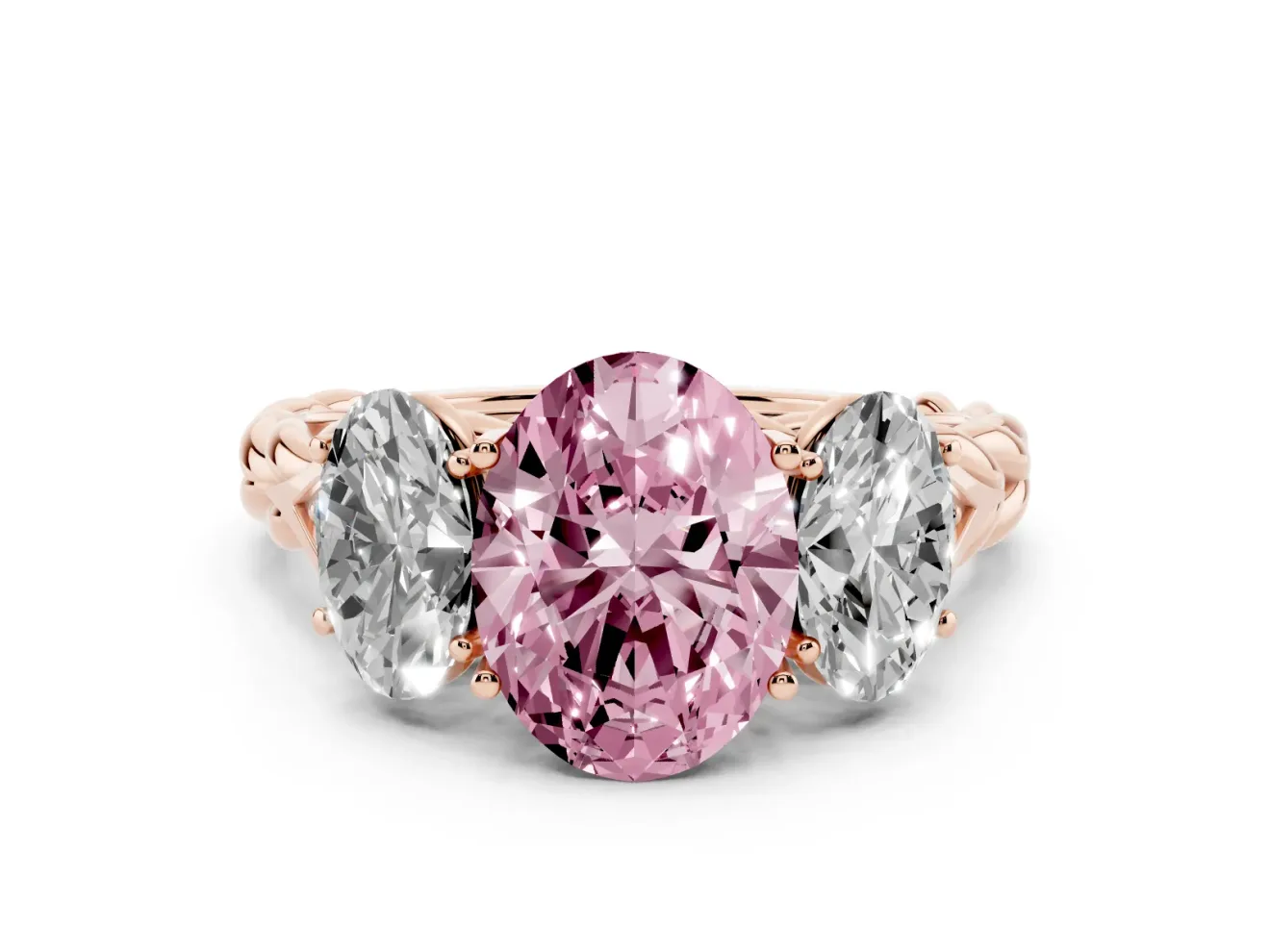 Fancy Pink Oval Cut Diamond Three-Stone Ring Set in Rose gold with Braided Band