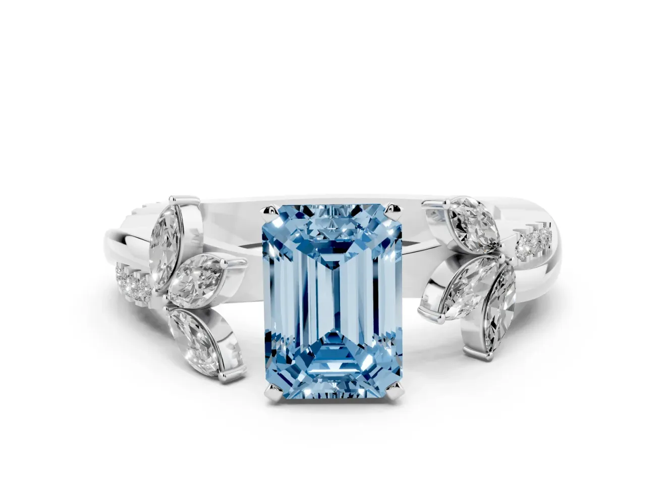 Fancy Blue Emerald Cut Diamond Floral Vine Solitaire Engagement Ring Set in Platinum with Marquise Leaves