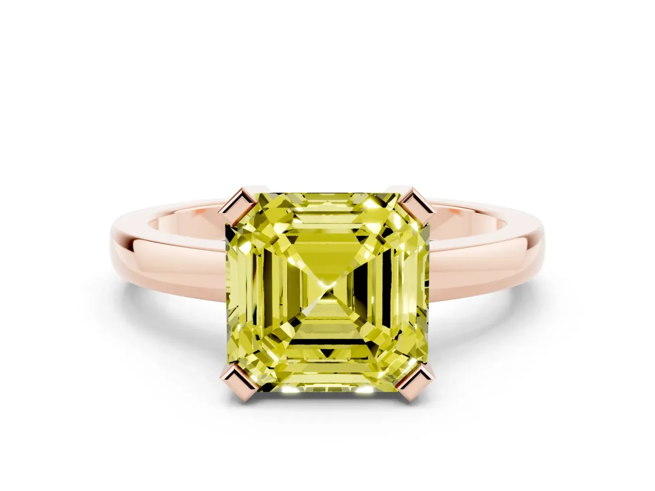 Fancy Yellow Asscher Cut Diamond Solitaire Ring Set in Rose gold with Prong Head and Smooth Polished Band