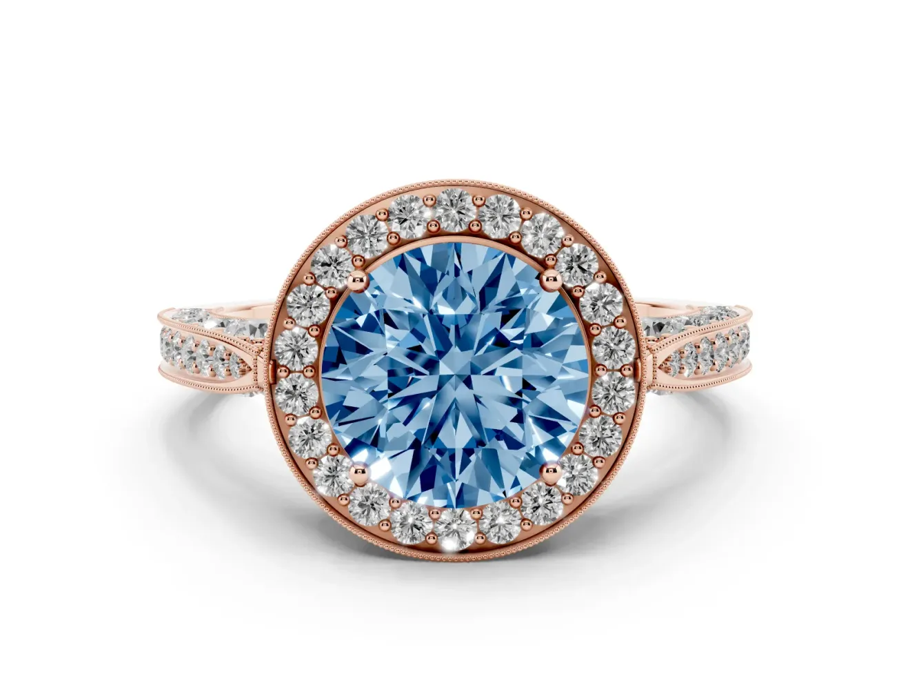 Round Milgrain Halo Engagement Ring Setting for a Fancy Blue Lab-Grown Diamond | Side Stones | Rose Gold